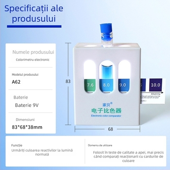 Analizator portabil de calitate a apei A62 cu teste pentru pH, metale grele, oxigen dizolvat, duritate totală, cromaticitate; alimentare 9V; pentru compararea culorilor în acvacultură și laborator.