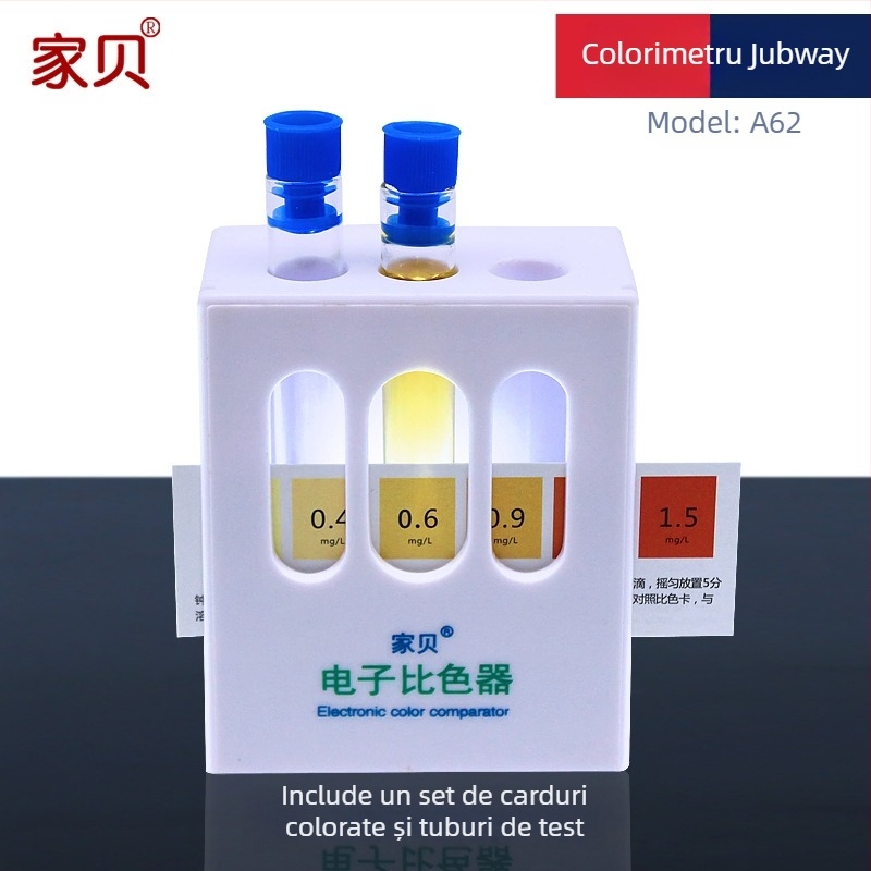 Analizator portabil de calitate a apei A62 cu teste pentru pH, metale grele, oxigen dizolvat, duritate totală, cromaticitate; alimentare 9V; pentru compararea culorilor în acvacultură și laborator.