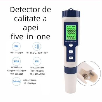 Analizator portabil de calitate a apei, cinci în unu: pH, TDS, EC și temperatură, model Ez-9909a; interval pH 0.01–14.00, precizie 0.01 pH, rezoluție 0.02, alimentare 3×1.5V.