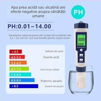 Analizator portabil de calitate a apei, cinci în unu: pH, TDS, EC și temperatură, model Ez-9909a; interval pH 0.01–14.00, precizie 0.01 pH, rezoluție 0.02, alimentare 3×1.5V.
