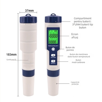 Analizator portabil de calitate a apei, cinci în unu: pH, TDS, EC și temperatură, model Ez-9909a; interval pH 0.01–14.00, precizie 0.01 pH, rezoluție 0.02, alimentare 3×1.5V.