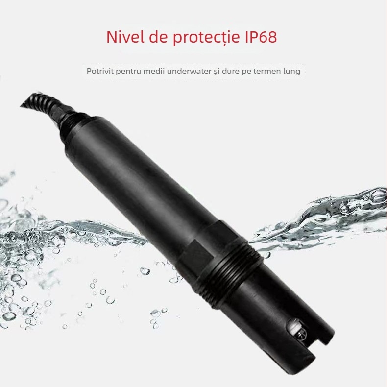 Analizator online de calitate a apei, multifuncțional, cu ieșire RS485, măsurare pH (0–14), temperatură și salinitate; alimentare 9–27V.