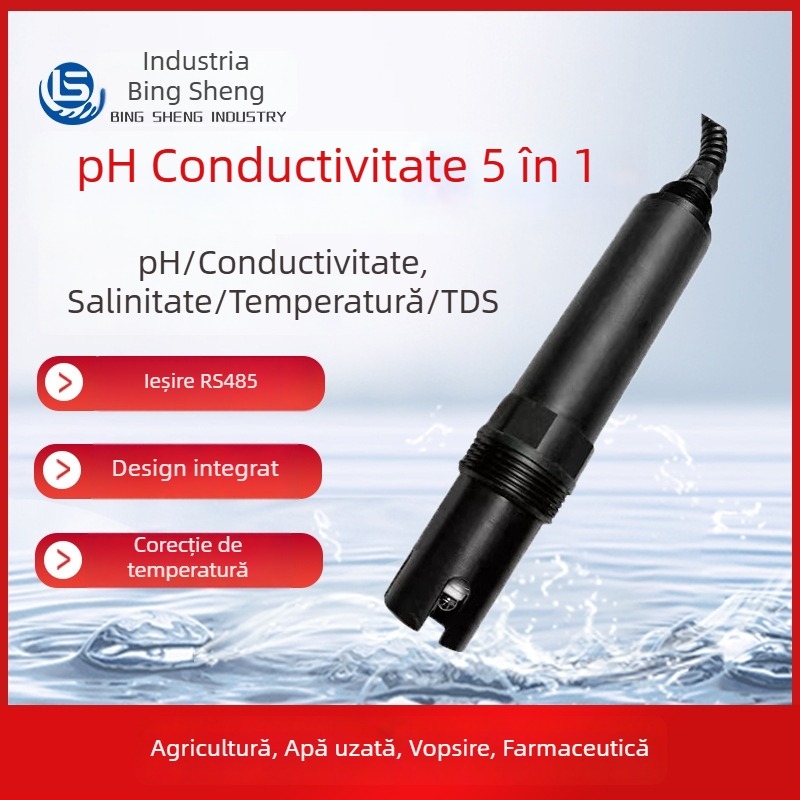 Analizator online de calitate a apei, multifuncțional, cu ieșire RS485, măsurare pH (0–14), temperatură și salinitate; alimentare 9–27V.