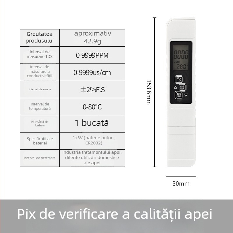 Detector portabil de calitate a apei TDS cu măsurare pH și oxigen dizolvat, interval 0–9999 ppm, conductivitate 0–9990 µS/cm, precizie 2%, alimentare 3V