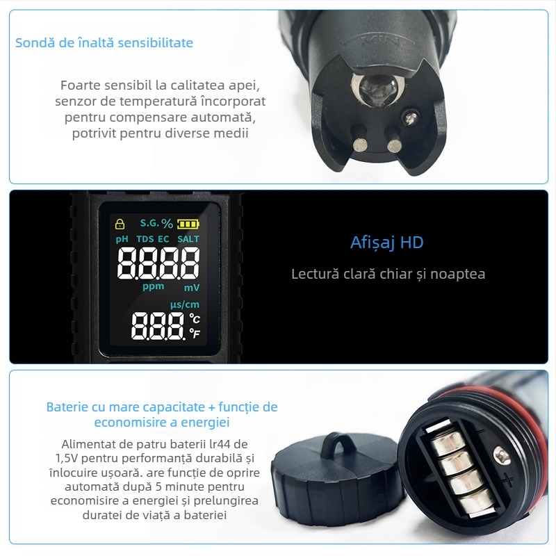 Analizator portabil de calitate a apei — măsoară pH, EC/tds, salinitate și temperatură; precizie ±2% FS; alimentare 3V