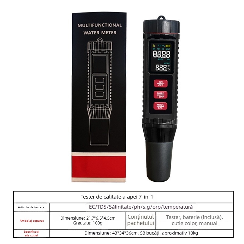 Analizator portabil de calitate a apei — măsoară pH, EC/tds, salinitate și temperatură; precizie ±2% FS; alimentare 3V
