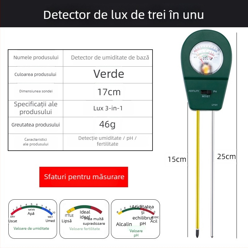 Detector de pH al solului cu umidometru și senzor de nutrienți — model Hj00001009