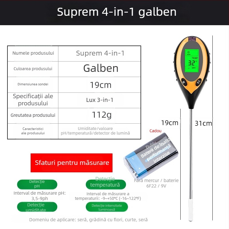 Detector de pH al solului cu umidometru și senzor de nutrienți — model Hj00001009