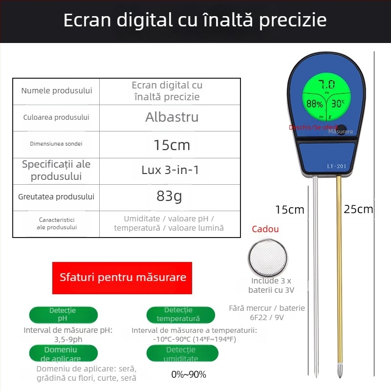 Detector de pH al solului cu umidometru și senzor de nutrienți — model Hj00001009