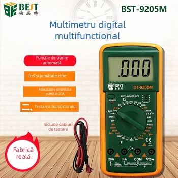Multimetru digital BES/Beth pentru studenți, cu afișaj digital și auto-range; interval de capacitate 200 µF–2 nF; curent AC 2 mA–20 A