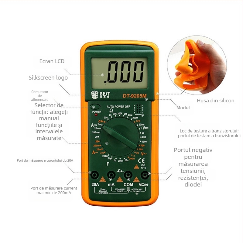 Multimetru digital BES/Beth pentru studenți, cu afișaj digital și auto-range; interval de capacitate 200 µF–2 nF; curent AC 2 mA–20 A