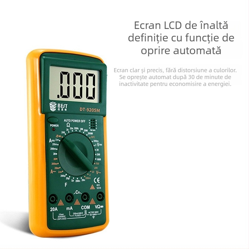 Multimetru digital BES/Beth pentru studenți, cu afișaj digital și auto-range; interval de capacitate 200 µF–2 nF; curent AC 2 mA–20 A