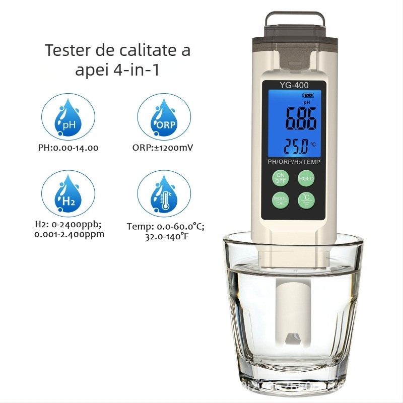 YG-400 Analizor de calitate a apei 4 în 1 – pH 0.00–14.00, ORP Redox, apă îmbogățită cu hidrogen, alimentare LR44×3, pentru piscine și laboratoare de apă