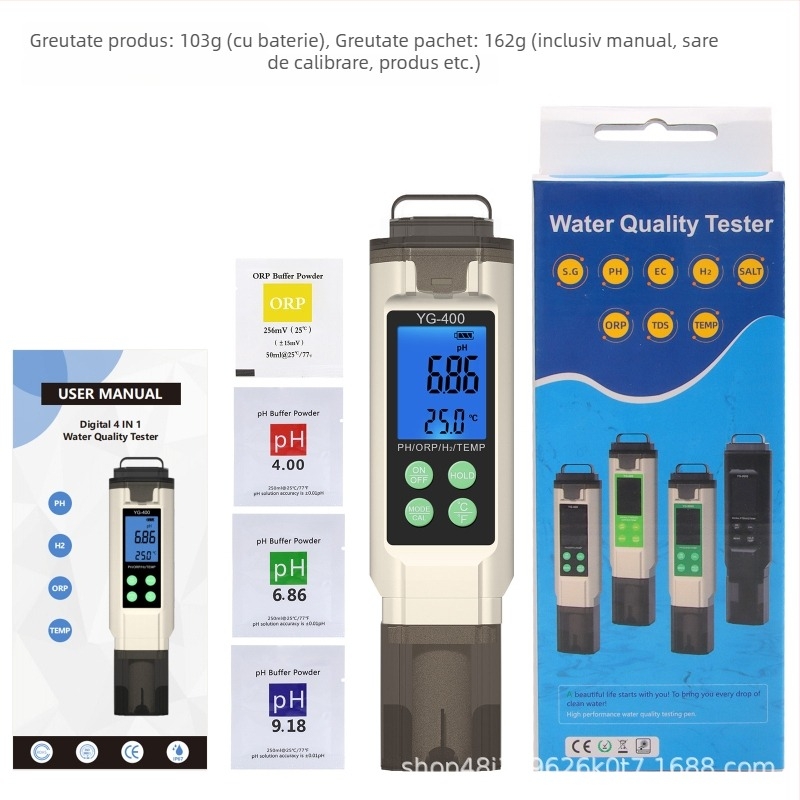 YG-400 Analizor de calitate a apei 4 în 1 – pH 0.00–14.00, ORP Redox, apă îmbogățită cu hidrogen, alimentare LR44×3, pentru piscine și laboratoare de apă