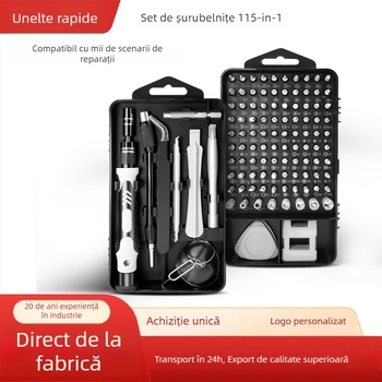 Set de șurubelnițe 115-in-1: unelte de reparații de precizie din oțel carbon, magnetice, pentru telefoane mobile, notebookuri și electrocasnice (461 g)