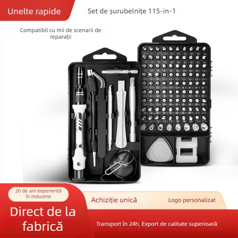 Set de șurubelnițe 115-in-1: unelte de reparații de precizie din oțel carbon, magnetice, pentru telefoane mobile, notebookuri și electrocasnice (461 g)