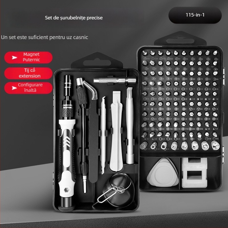 Set de șurubelnițe 115-in-1: unelte de reparații de precizie din oțel carbon, magnetice, pentru telefoane mobile, notebookuri și electrocasnice (461 g)