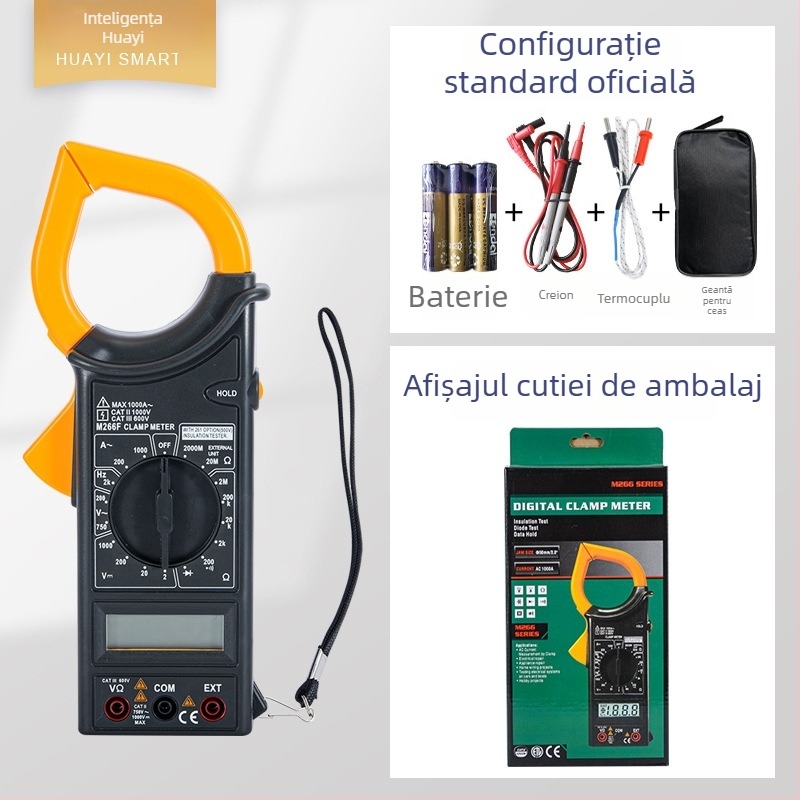 Multimetru digital cu clemă M266F, portabil, măsurare până la 1000 V, până la 600 A, rezistență până la 20 kΩ, 3999 valori
