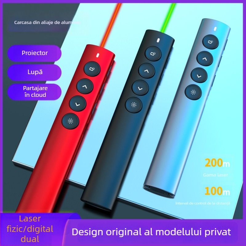 Pen pentru tablă albă cu laser dublu – Wireless Bluetooth/2.4G, corp din aliaj de aluminiu, laser 650 nm, autonomie baterie >20 h, cod Ph600-dg-r