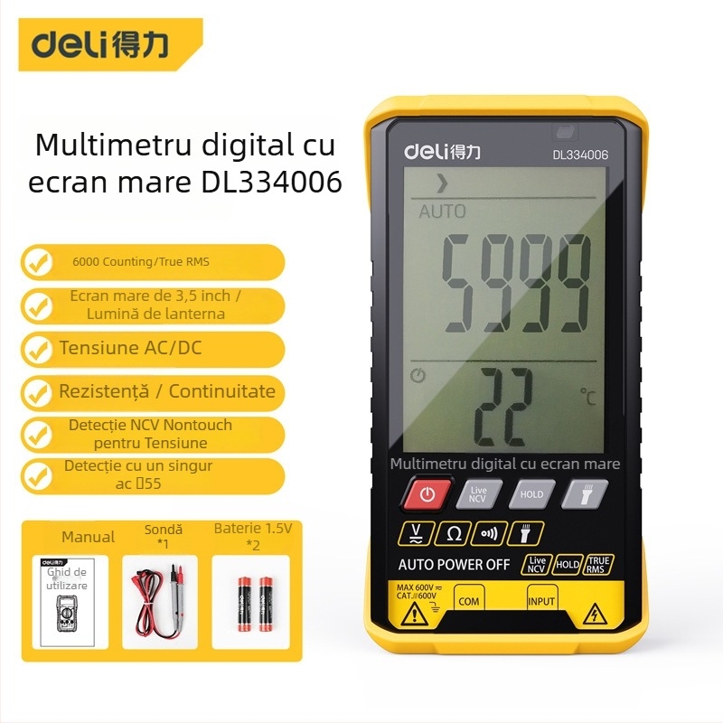 Multimetru Deli cu ecran mare, 5999 cifre, trei în unu, CAT III, utilizare profesională