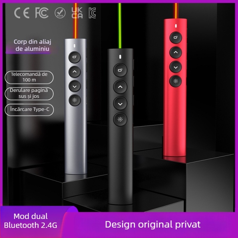 Pointer wireless pentru predare și prezentări din aliaj de aluminiu, Bluetooth/2.4G, rază laser 100 m, lungime de undă 650 nm, baterie 180 mAh
