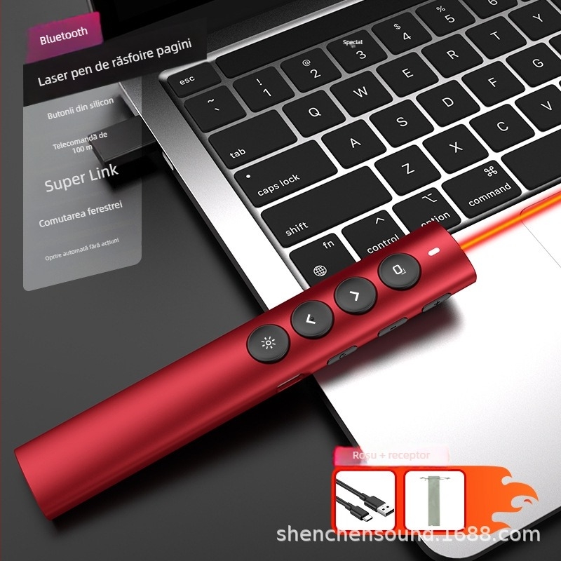 Pointer wireless pentru predare și prezentări din aliaj de aluminiu, Bluetooth/2.4G, rază laser 100 m, lungime de undă 650 nm, baterie 180 mAh