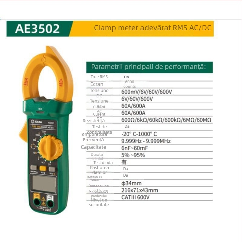 AE3502 Clește ampermetric AC/DC și multimetru digital — ecran digital de înaltă precizie, Sida/Sata