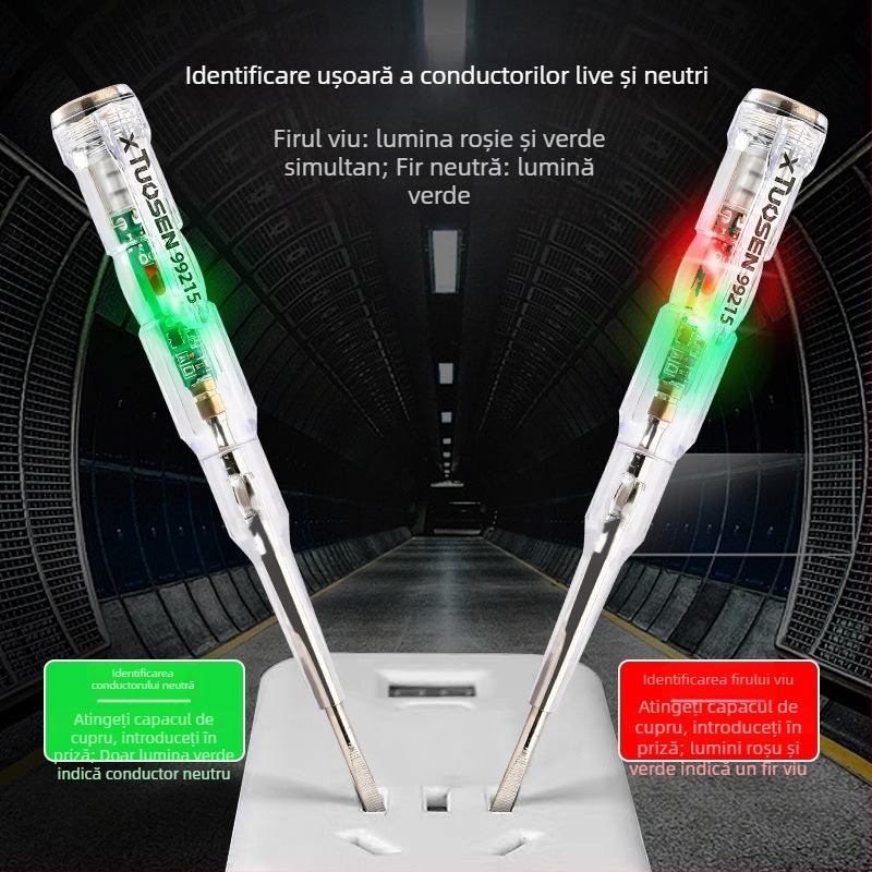 Tester de tensiune electric, corp transparent, Tuosen, detecție a conductorilor neutri.