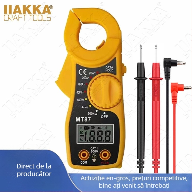 Iiakka MT87 Multimetru digital cu clește, afișaj LCD, măsoară tensiunea, curentul și rezistența