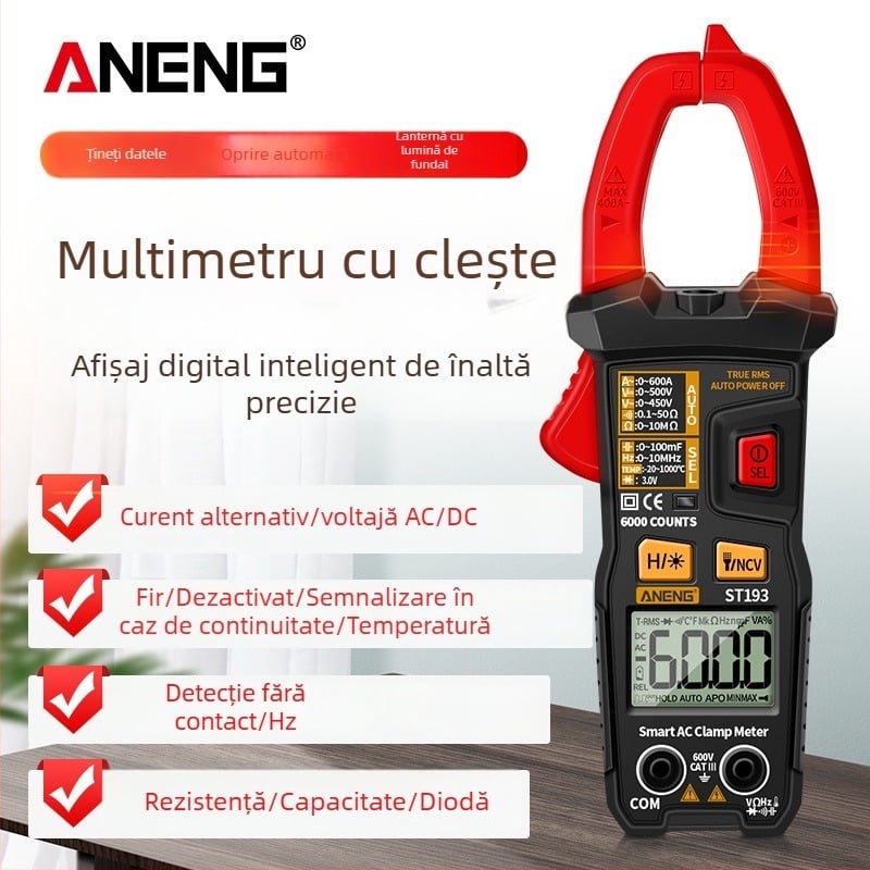 Aneng Clește ampermetric inteligent, Multimetru automat, înaltă precizie, afișaj digital iluminat