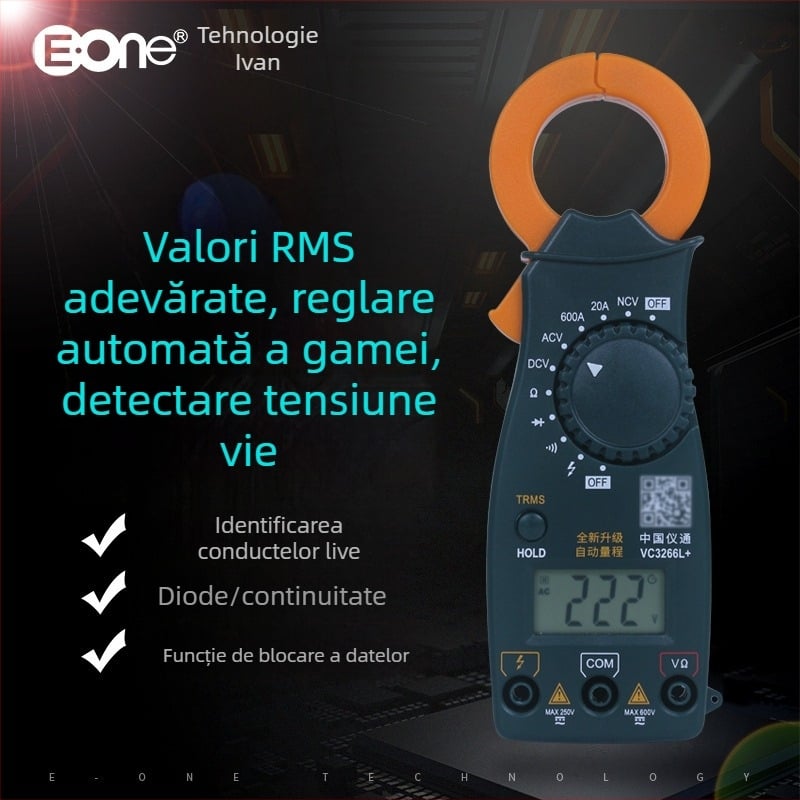Multimetru digital cu clemă, RMS adevărat, NCV și gamă automată; măsoară până la 600 V, 600 A și 2 MΩ