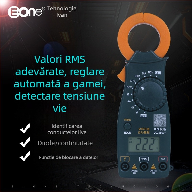 Multimetru digital cu clemă, RMS adevărat, NCV și gamă automată; măsoară până la 600 V, 600 A și 2 MΩ