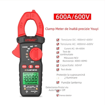 UYIGAO ampermetru cu clemă AC, interval de măsurare 600 A, afișaj 5999, multifuncțional, digital