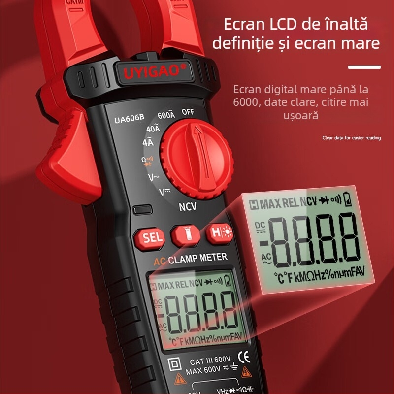 UYIGAO ampermetru cu clemă AC, interval de măsurare 600 A, afișaj 5999, multifuncțional, digital