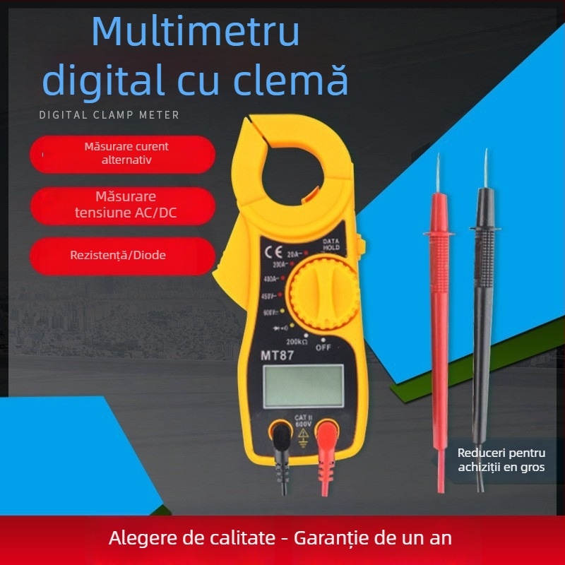 Multimetru cu clește compact pentru electricieni — măsoară curent AC, tensiune AC/DC, rezistență și continuitate
