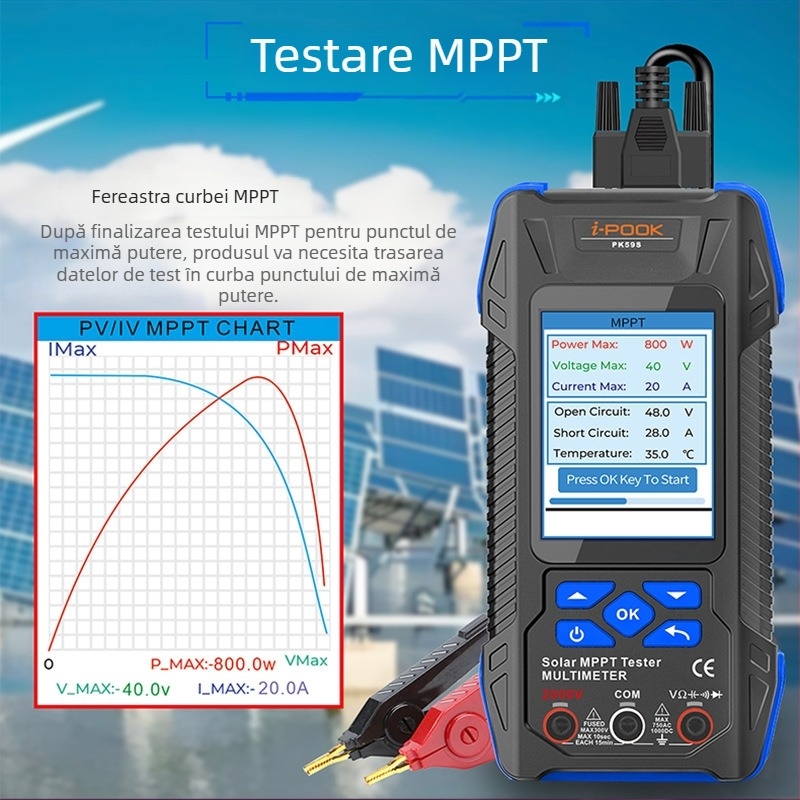 Tester multifuncțional pentru panouri fotovoltaice cu afișaj digital, tensiune până la 2 kV și putere până la 2 kW, marcă i-pook