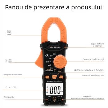 VC6016B+ multimetru digital cu clește; măsurare curent 0.01-600 A; tensiune până la 600 V; rezistență până la 20 MΩ; deschidere clește 30 mm