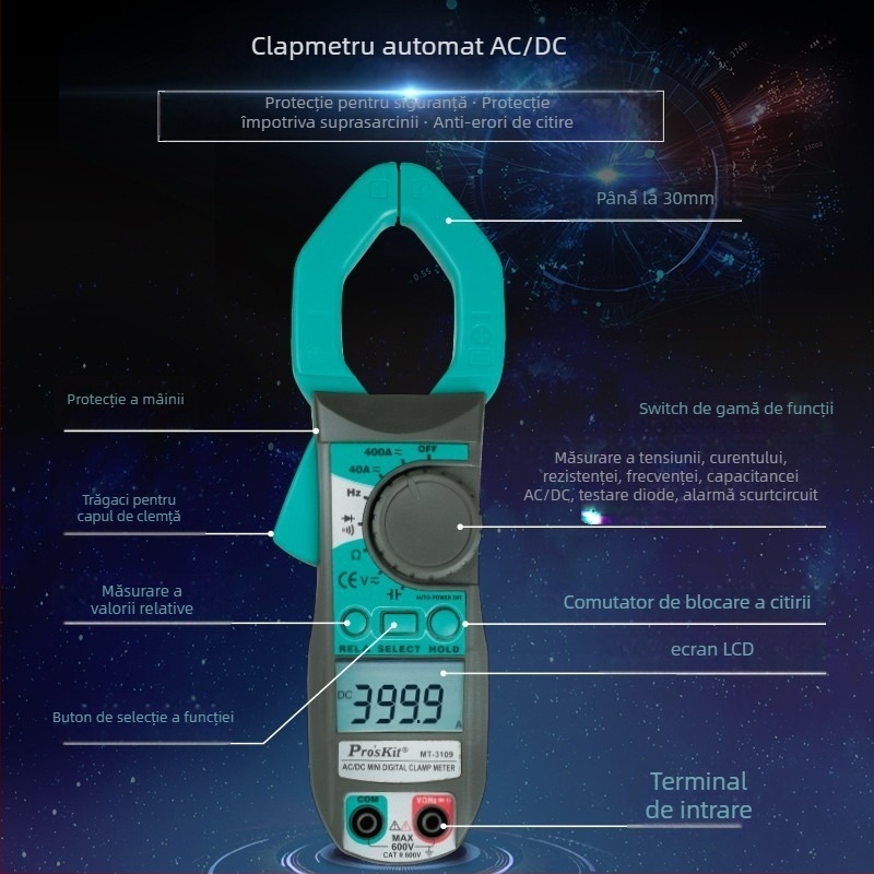 Pro'sKit MT-3109 Multimetru cu clemă, 600V/400A, 3999 măsurători