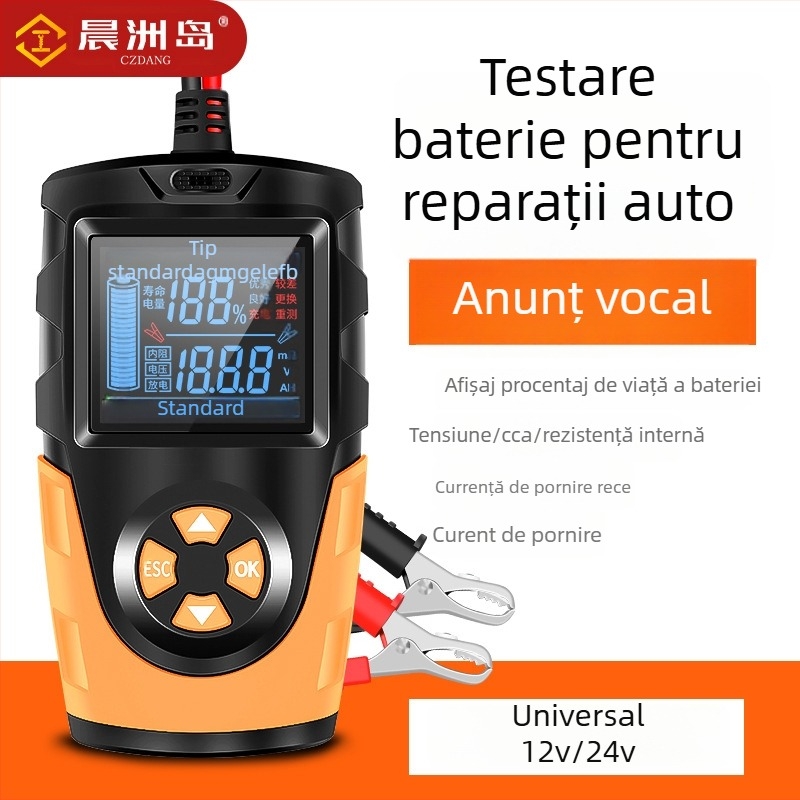 Detector baterii Chenzhou Island — 12-24V pentru baterii plumb-acid, voce live, ecran mare, funcționare 12-24V, -10 la 50°C, pentru mașini, motociclete, vehicule electrice și stivuitoare