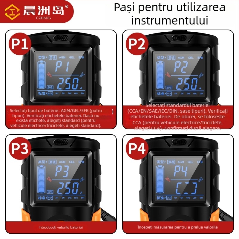 Detector baterii Chenzhou Island — 12-24V pentru baterii plumb-acid, voce live, ecran mare, funcționare 12-24V, -10 la 50°C, pentru mașini, motociclete, vehicule electrice și stivuitoare