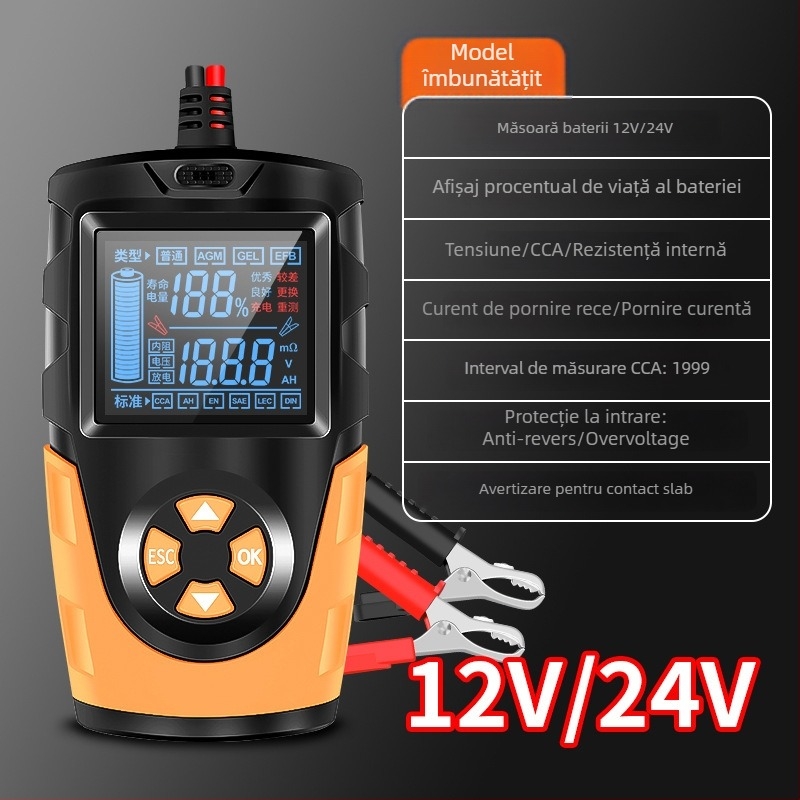 Detector baterii Chenzhou Island — 12-24V pentru baterii plumb-acid, voce live, ecran mare, funcționare 12-24V, -10 la 50°C, pentru mașini, motociclete, vehicule electrice și stivuitoare