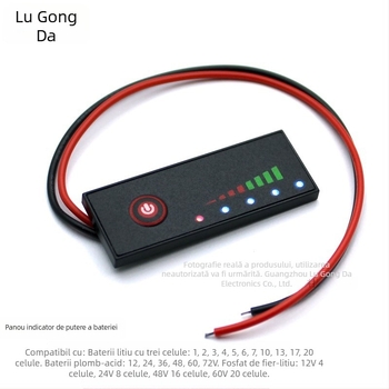 Indicator de putere pentru pachete de baterii litiu: intrare/ieșire 0–60 V, afișaj procent baterie, protecție împotriva polarității inverse, funcționează între -10°C și 65°C