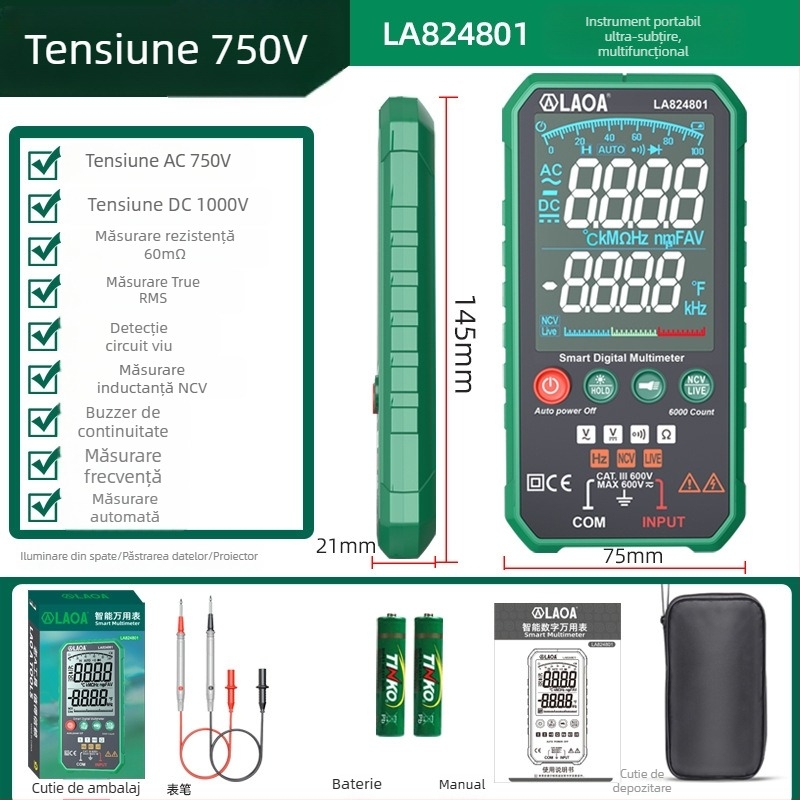 Multimetru digital, portabil, precizie înaltă, protecție anti-arzire, măsurare automată a intervalului, multifuncțional