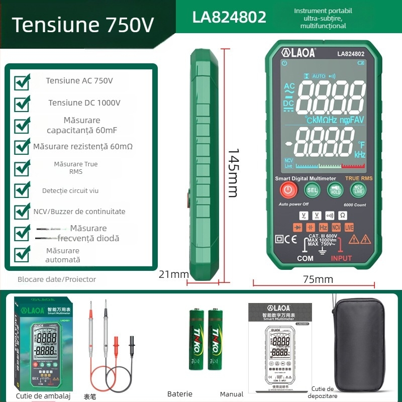 Multimetru digital, portabil, precizie înaltă, protecție anti-arzire, măsurare automată a intervalului, multifuncțional