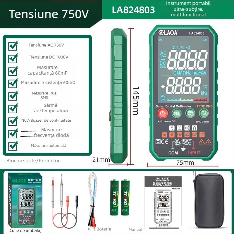 Multimetru digital, portabil, precizie înaltă, protecție anti-arzire, măsurare automată a intervalului, multifuncțional