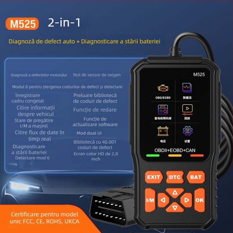 M525 Instrument OBD2 de diagnostic al motorului, 9-16V, -20 până la 65°C, compatibil cu toate modelele