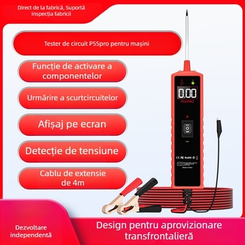 Detector de defecte pentru automobile cu ecran, model P55Pro, diagnostic al bateriei, alimentare 6-30 V, interval de temperatură -20°C până la 60°C.