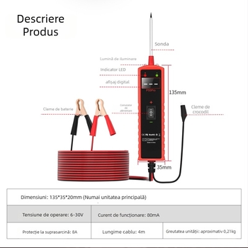 Detector de defecte pentru automobile cu ecran, model P55Pro, diagnostic al bateriei, alimentare 6-30 V, interval de temperatură -20°C până la 60°C.