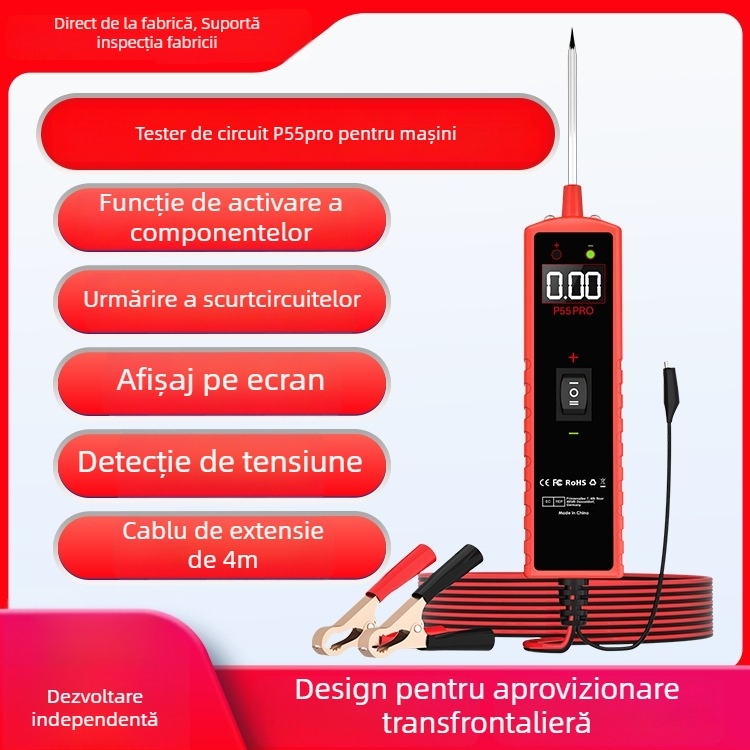 Detector de defecte pentru automobile cu ecran, model P55Pro, diagnostic al bateriei, alimentare 6-30 V, interval de temperatură -20°C până la 60°C.