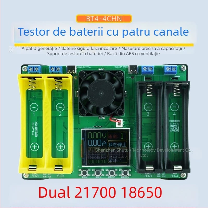 Tester pentru rezistența internă și capacitatea bateriilor Li‑ion 21700/18650, cu două celule, patru canale – încărcare, descărcare și îmbătrânire